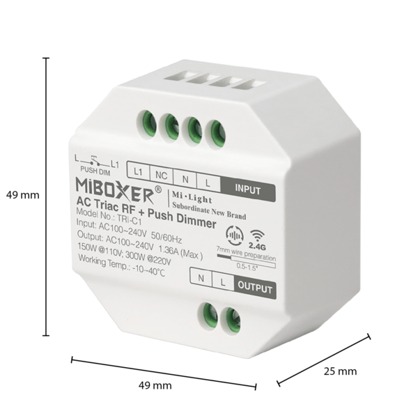 Afmetingen Milight Triac dimmer module TRI-C1